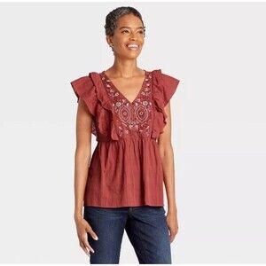 Knox Rose Floral Embroidered Ruffle Short Sleeve Boho Blouse Size Large Women’s